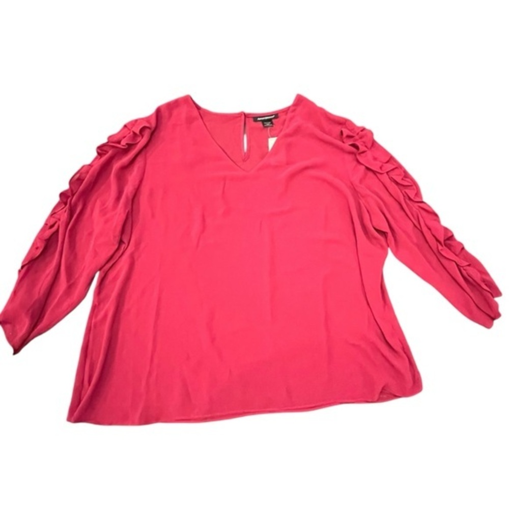 Ashley Stewart V-Neck Long Ruffle Sleeve‎  Semi-Sheer Blouse 22/24 Raspberry NWT